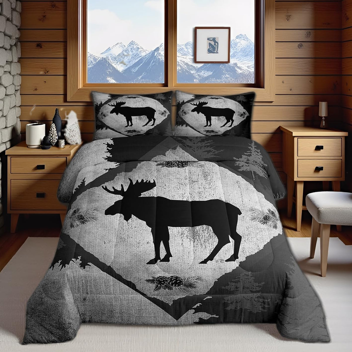 Homewish Jungle Cabin Comforter Set,Moose Animal Pine Trees Bedding Sets for Kids Teens Adults,Retro Wooden Stripes Rustic Farmhouse Quilted Comforter with 2 Pillowcases Queen Size 3 Pcs