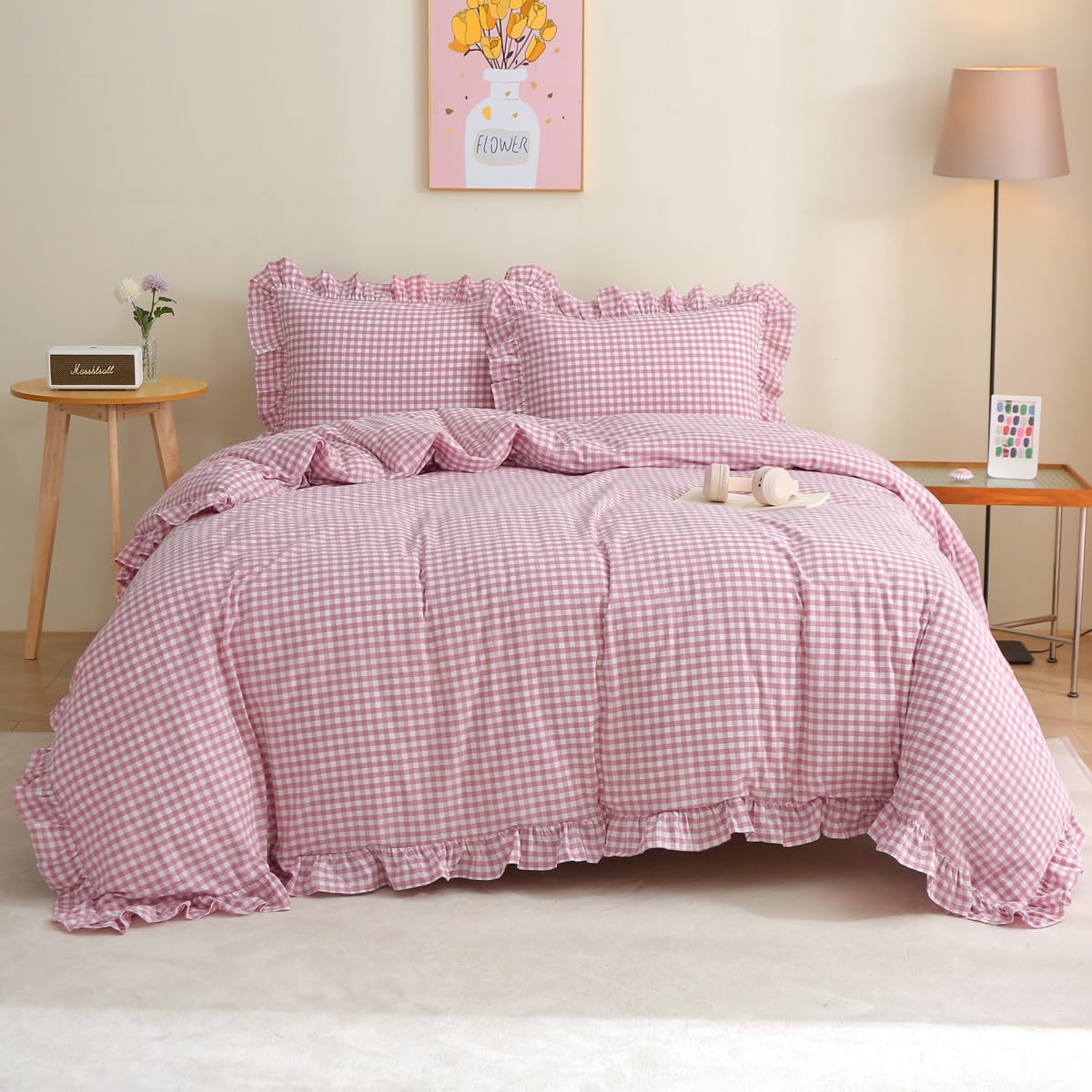 Silnuo Light Blue/White Gingham Plaid Ruffle Duvet Cover Set King Size