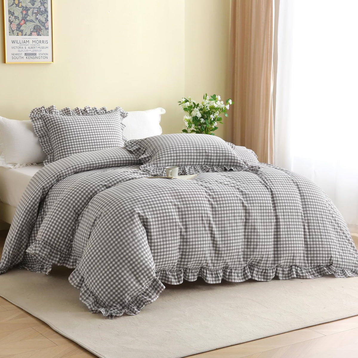 Silnuo Light Blue/White Gingham Plaid Ruffle Duvet Cover Set King Size