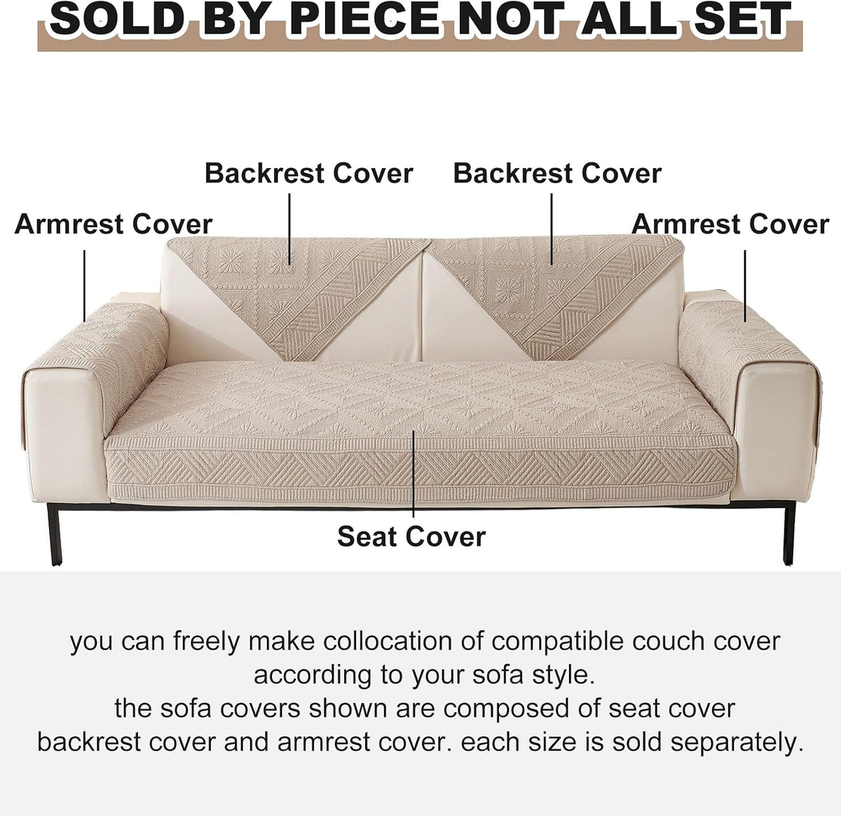 vctops Boho Cotton Quilted Sofa Couch Cover Washable Soft Non Slip Sectional Couch Covers Floral Embroidery Sofa Slipcover for Dogs, Children, Pets Furniture Protector (Coffee,28"x28")