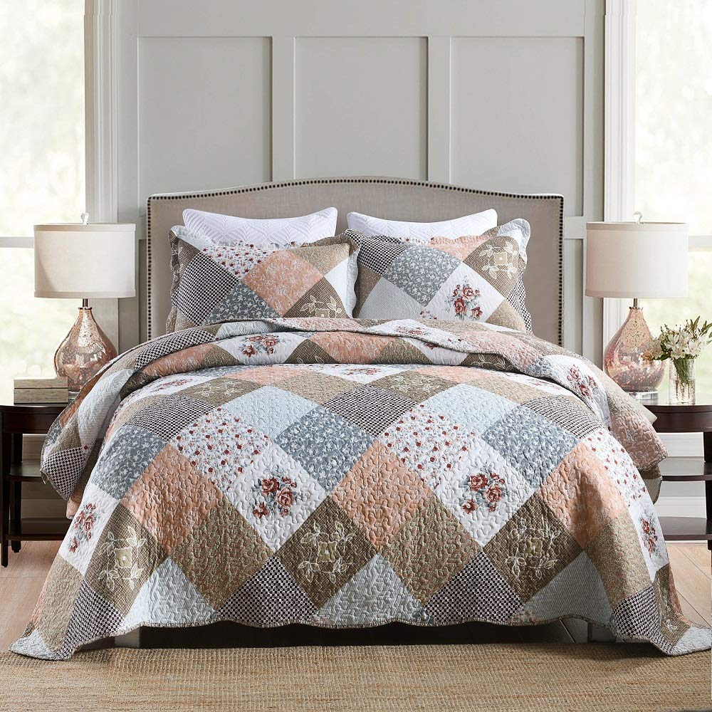Travan 3-Piece Quilt Set Quilted Bedspread Lightweight Coverlet Set Garden Style Floral Printed Oversized Quilted Bedding Set with Shams for All Season, Exquisite, King Size