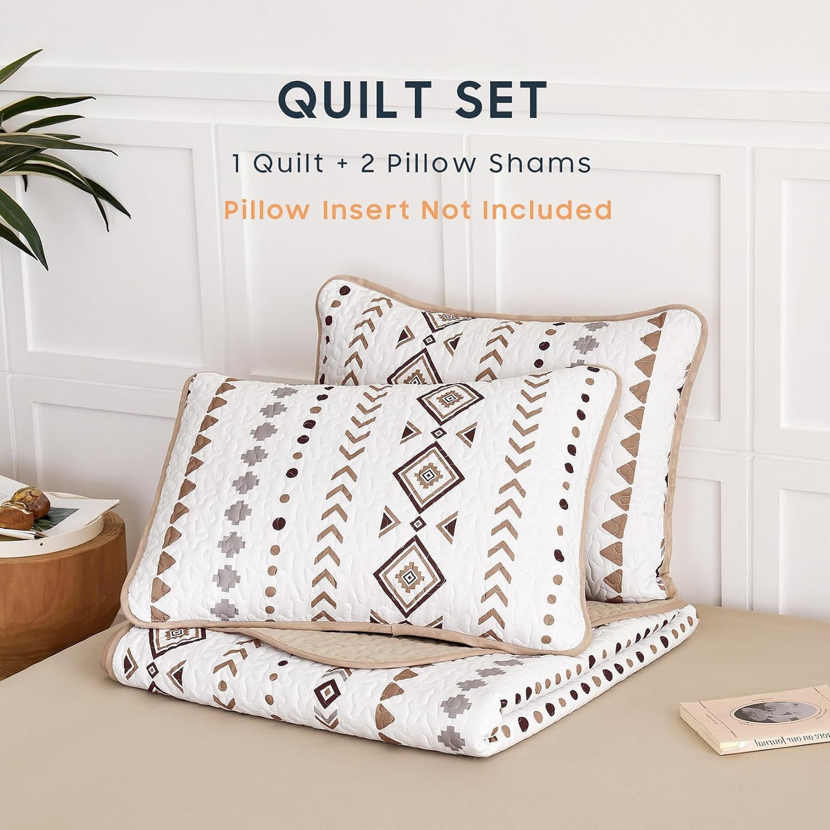 Wake In Cloud - Western Quilt Set, Boho Southwestern Aztec Rustic Farmhouse Geometric Pattern, Reversible Lightweight Bedspread Coverlet, 3 Pieces, Taupe Brown, King Size