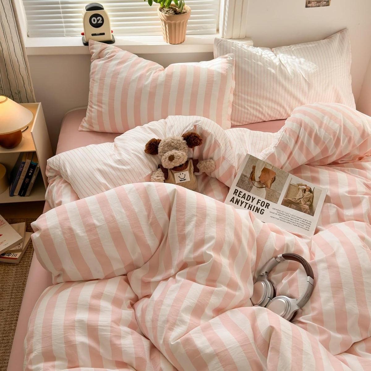 Bow Duvet Cover Twin Pink White Bow Striped Reversible Bedding Set