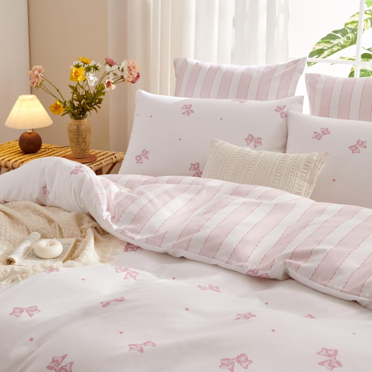 Bow Duvet Cover Twin Pink White Bow Striped Reversible Bedding Set