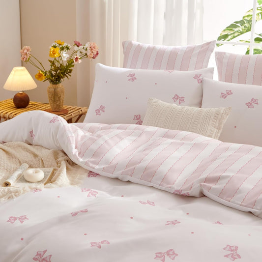 Bow Duvet Cover Twin Pink White Bow Striped Reversible Bedding Set