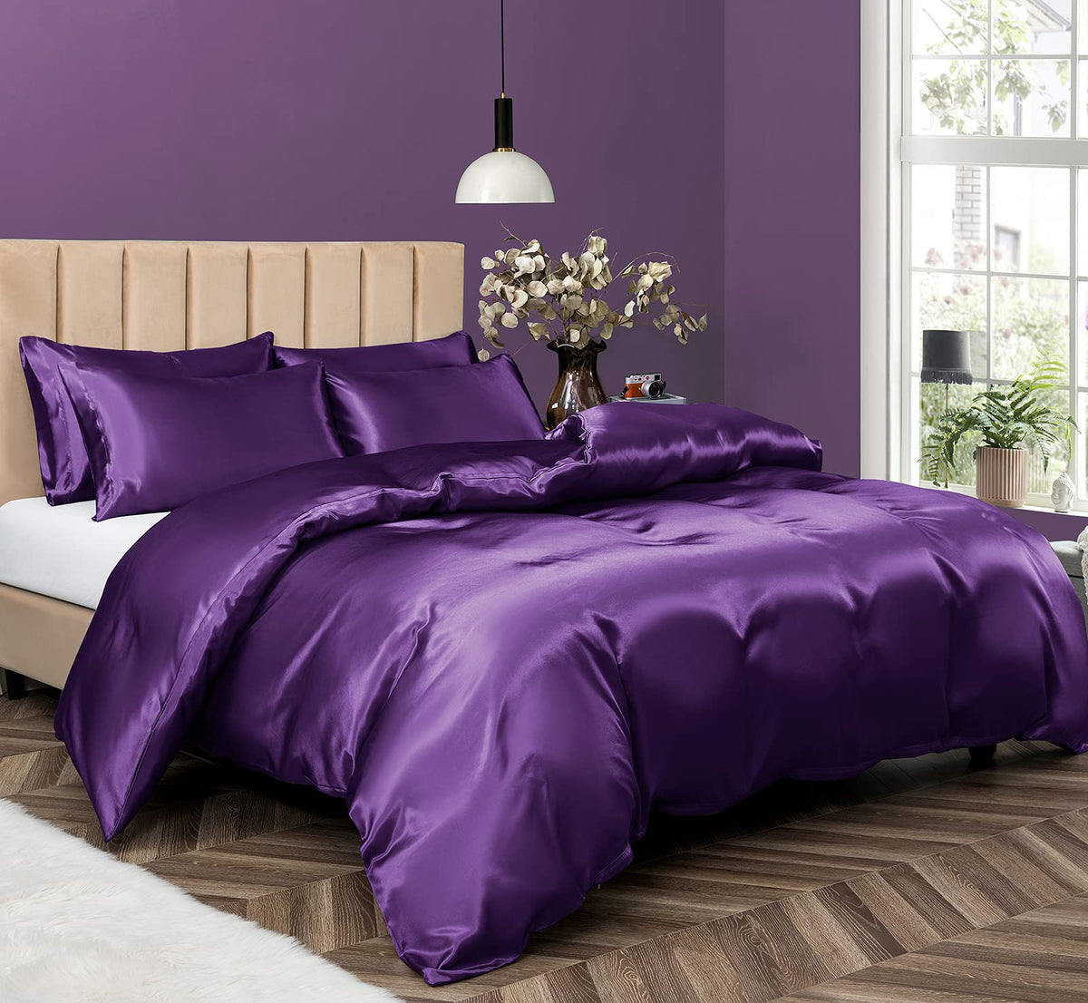 P Pothuiny 5 Pieces Blush Pink Satin Duvet Cover Full/Queen Size Set