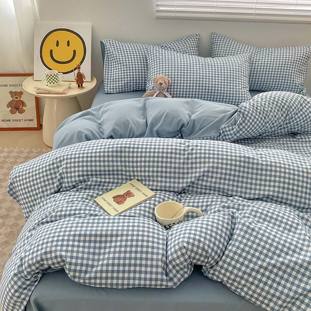 Nayoroom Gingham Duvet Cover Set Queen Blue White Plaid Checkered Bedding