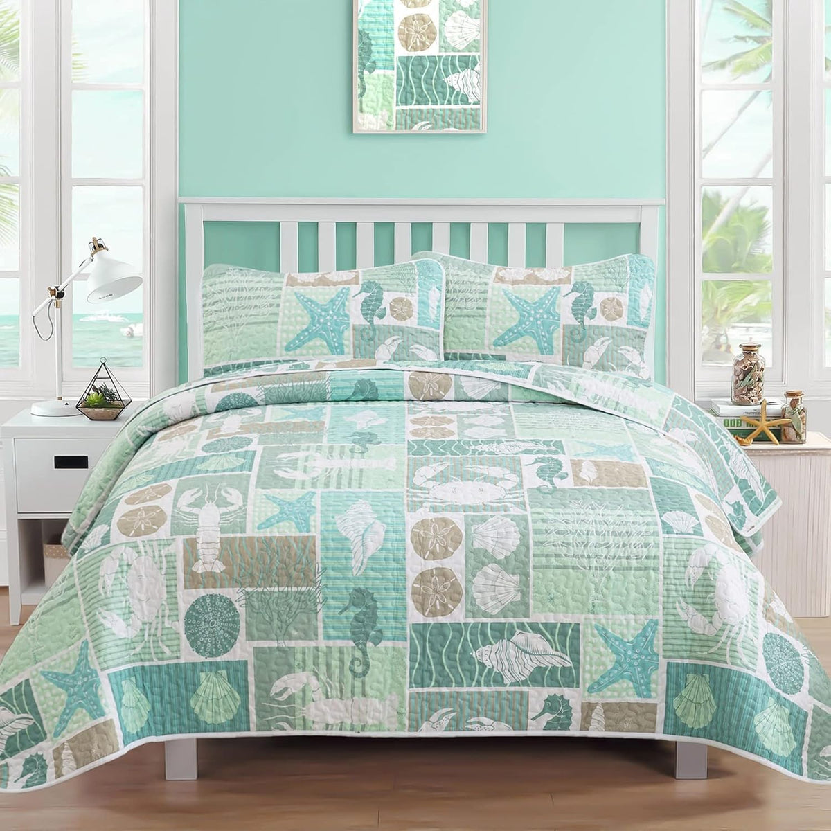 DJY Ocean Coastal Quilt Queen Size, 3 Pcs Sea Turtle Theme Bedspread Set