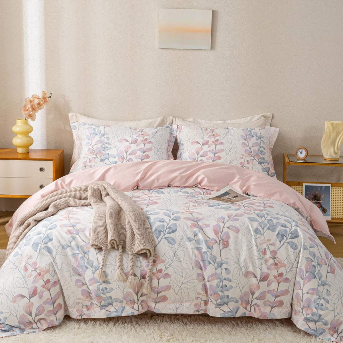 OAITE Queen Duvet Cover Set 3pcs 100% Cotton Wildflower Botanical