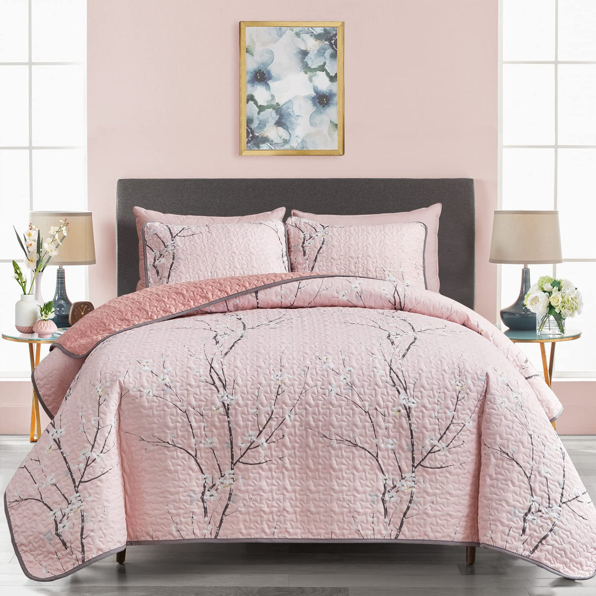 3 Piece Reversible Quilt Set Gray Branch with White Orange Floral King Size 102x88 Soft Microfiber Lightweight Coverlet Bedspread Summer Comforter Set Bed Cover for All Season (1 Quilt+ 2 Shams)