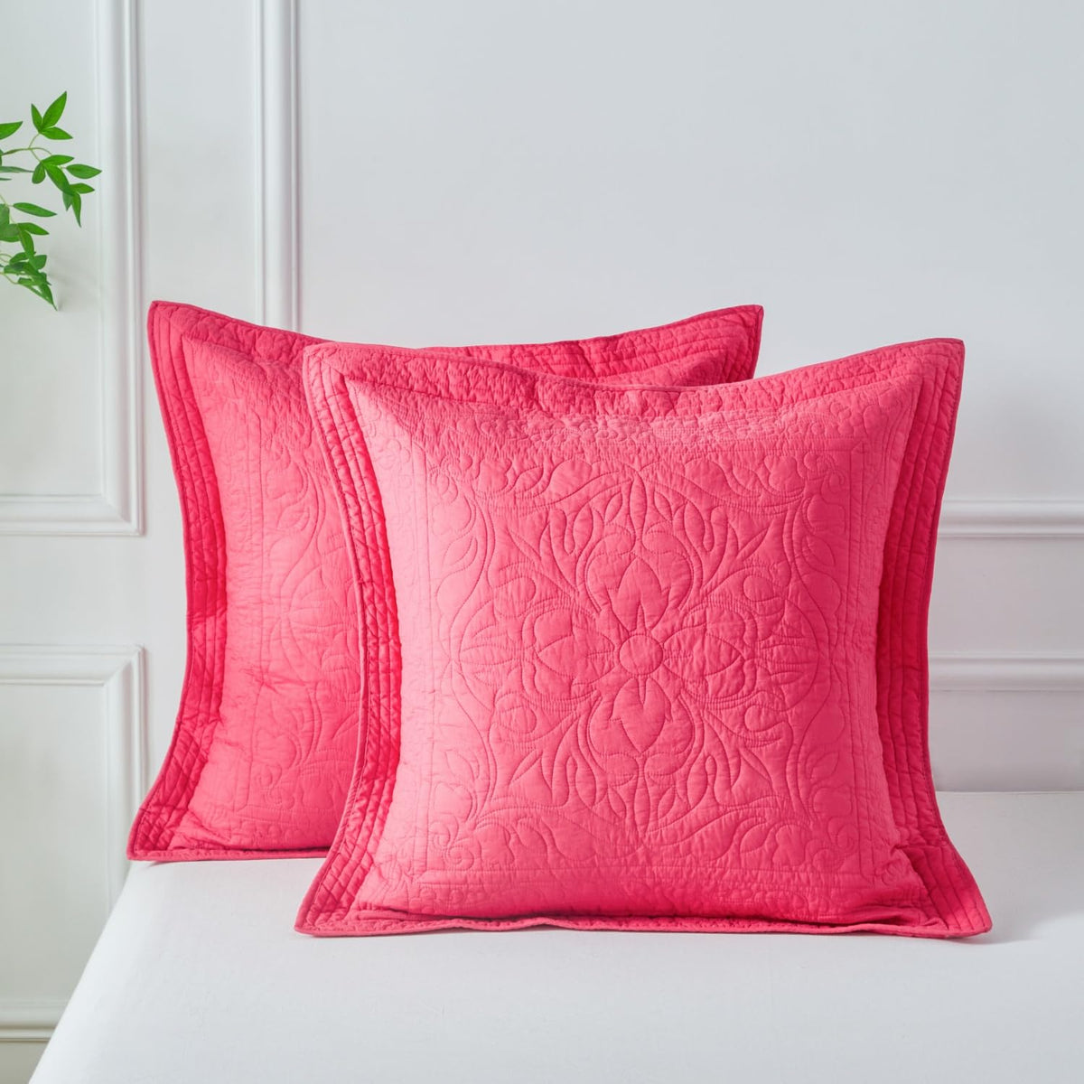 WINLIFE 100% Cotton Quilted Pillow Sham Floral Printed Pillow Cover Sage Green, Standard Size, 20 x 26 Inch