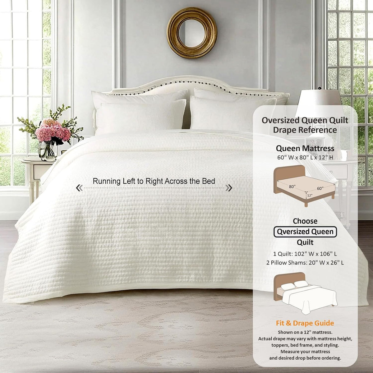 KASENTEX Oversized Queen Quilt Set 102x106, Soft Washed 3-Layer Lightweight