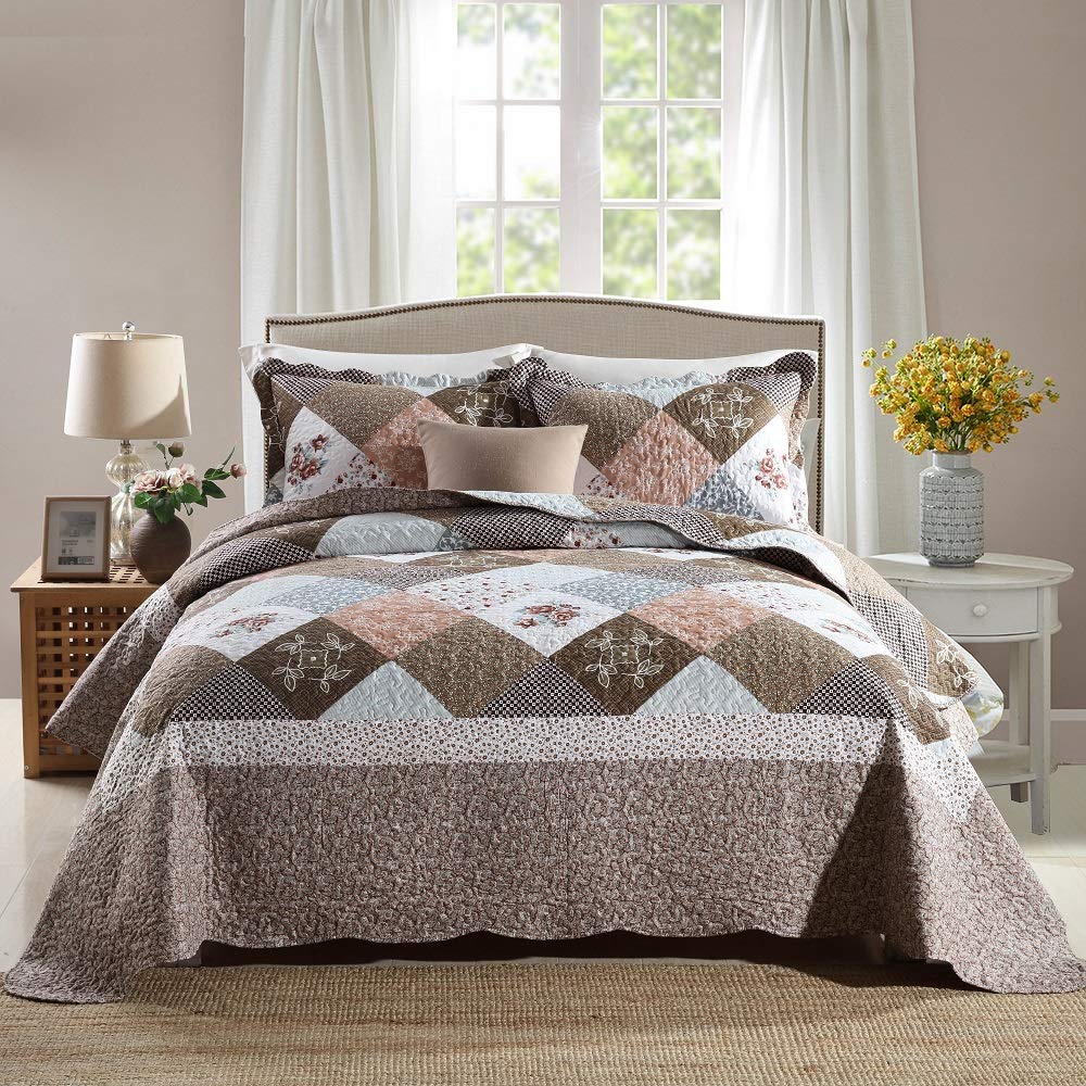 Travan 3-Piece Quilt Set Quilted Bedspread Lightweight Coverlet Set Garden Style Floral Printed Oversized Quilted Bedding Set with Shams for All Season, Exquisite, King Size