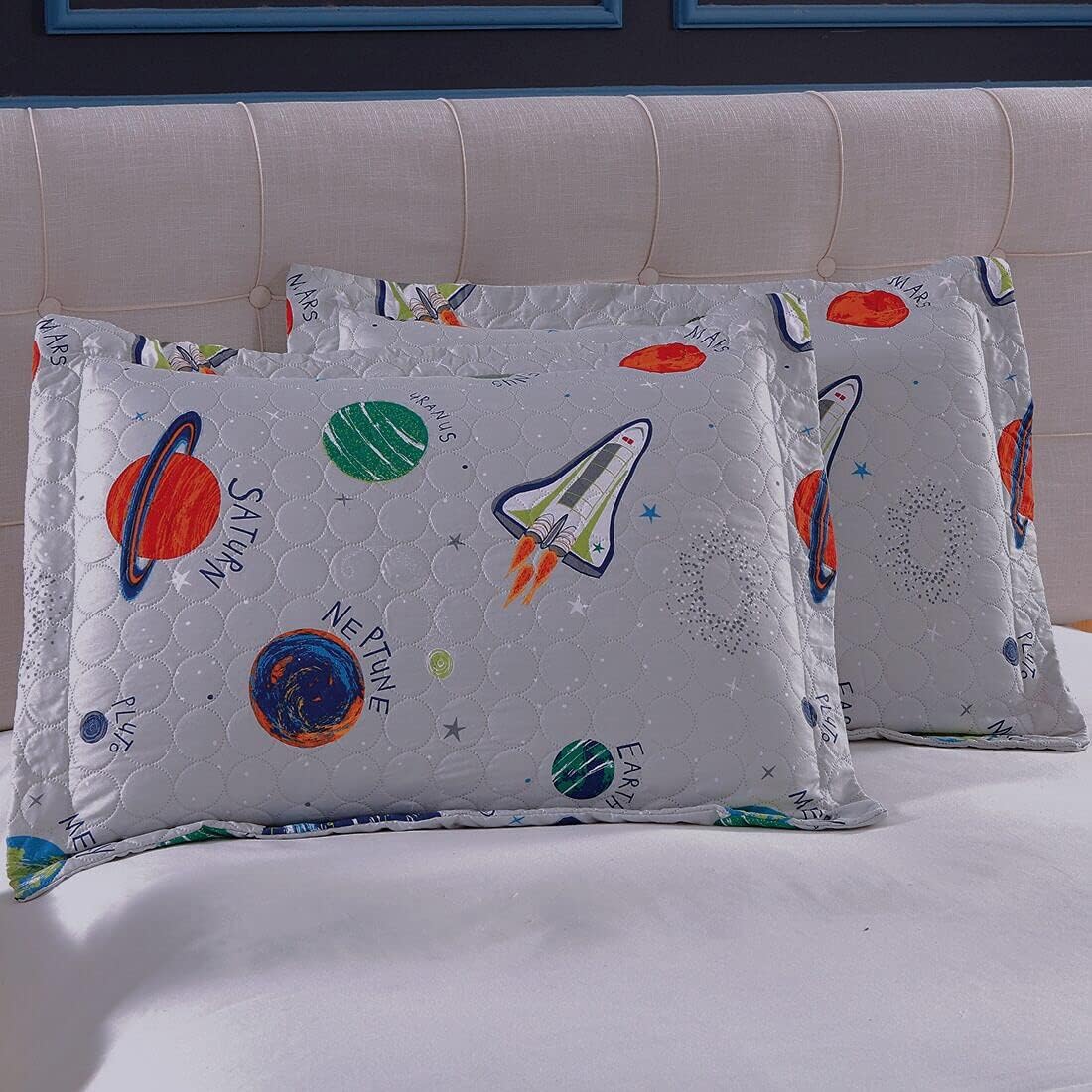 3 Piece Space Quilt Summer Bedspreads Twin Size Kids Planet Bed Cover Lightweight Coverlet Set Blanket Universe Bedding-Gray White