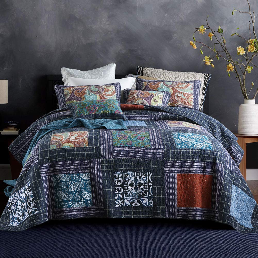 Secgo California King Quilt Size - 100% Cotton Oversized California Comforter Set Green Bedding Sets (120 * 110 Inch) with 2 Pillow Shams, Patchwork Reversible Lightweight Bedspread