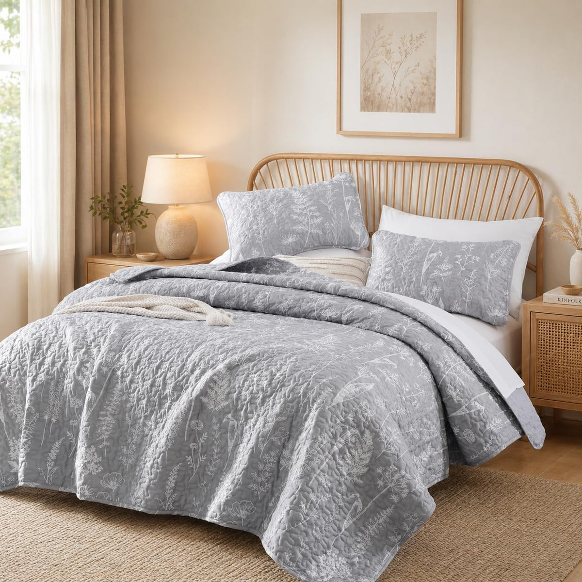 JANZAA Quilts Queen Size, Sage Green Bedspread 3 Pcs Floral Bedding Set