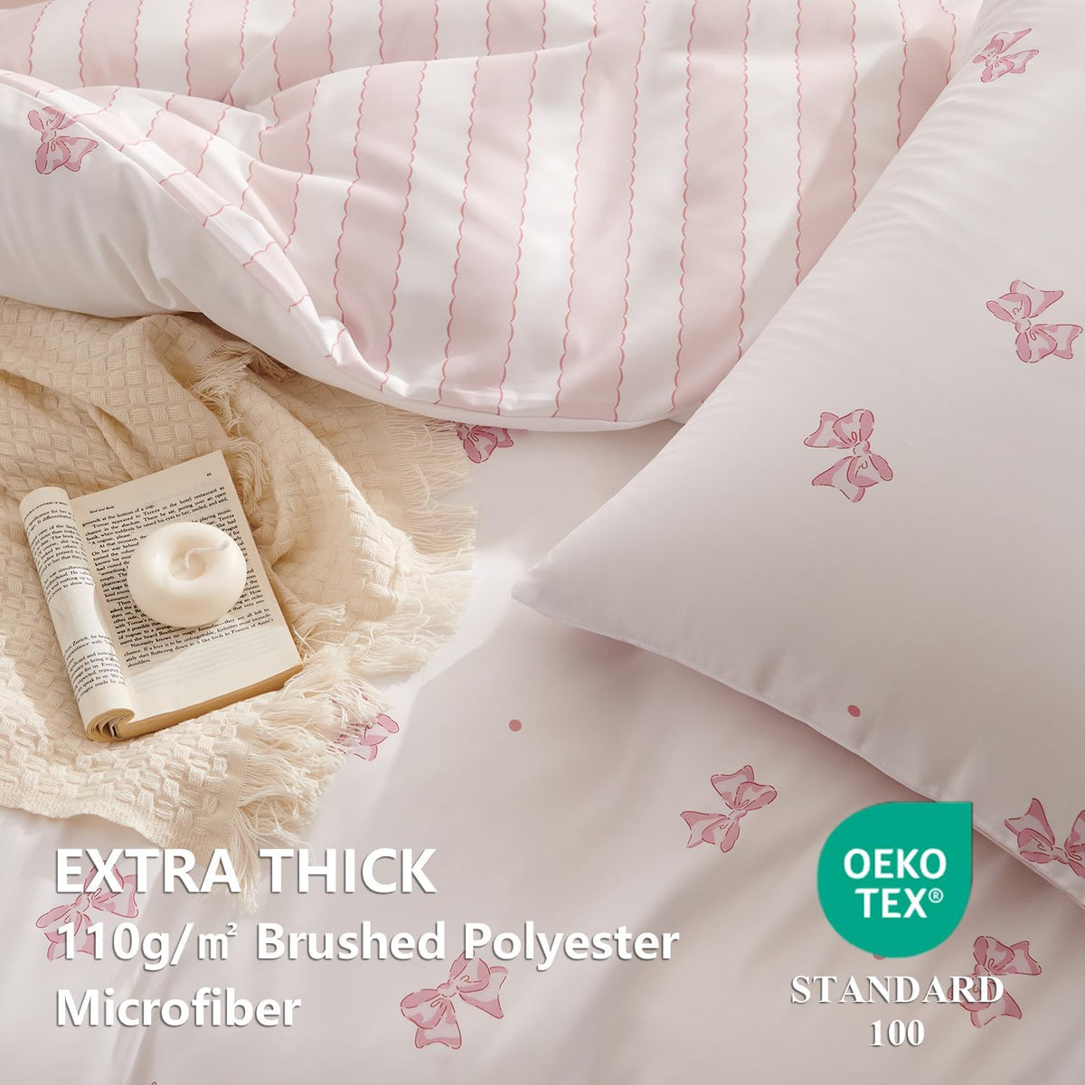 Bow Duvet Cover Twin Pink White Bow Striped Reversible Bedding Set