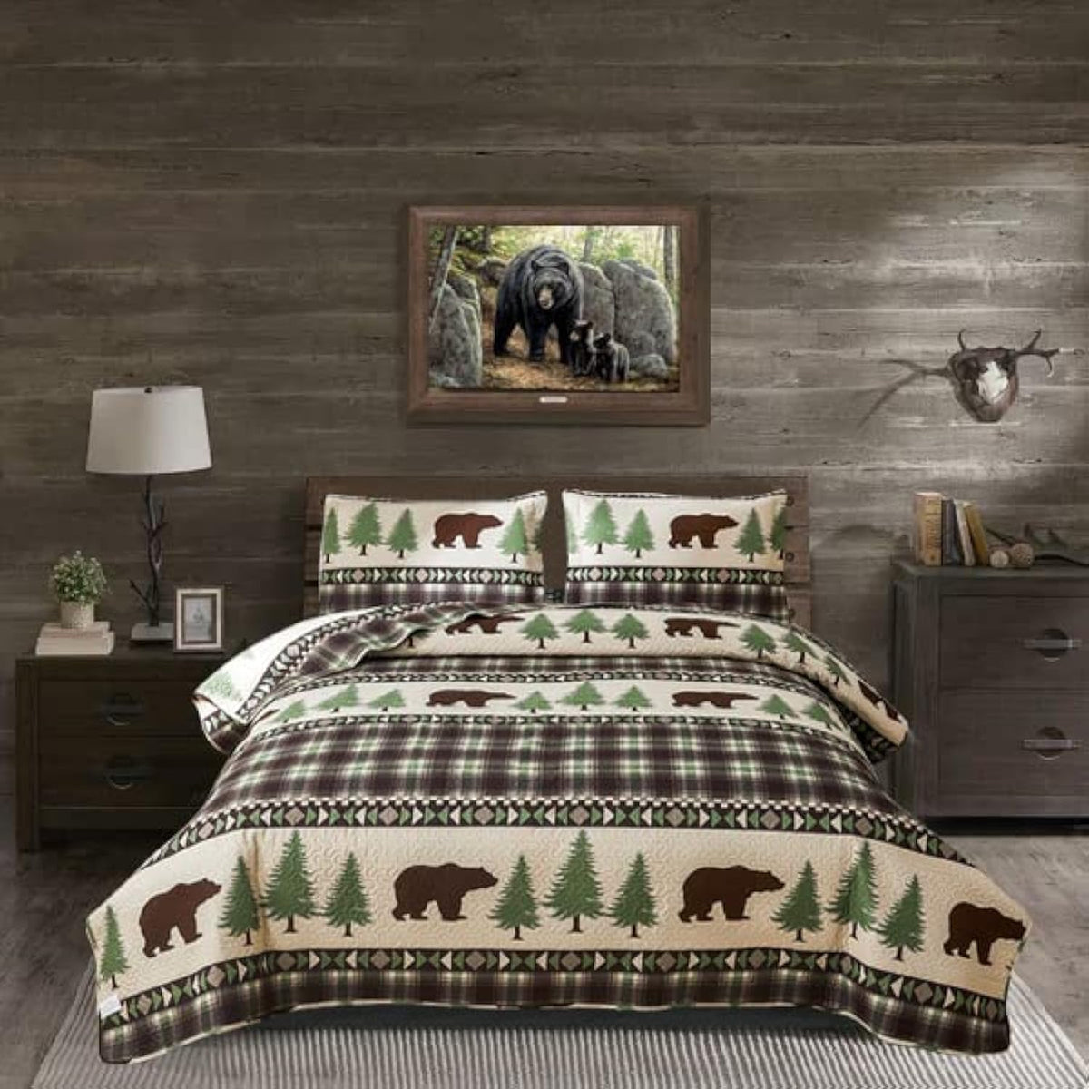 Rustic Quilt Bedding Set King Size Bedspread Coverlet Country Quilts Lodge Cabin Bedding Black White Buffalo Plaid Quilts Forest Elk Moose Lightweight Reversible Quilt Bed Spread with 2 Pillow Shams