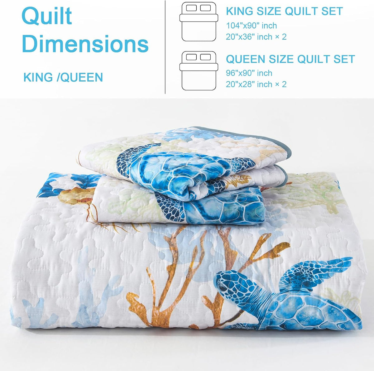 DJY Ocean Coastal Quilt Queen Size, 3 Pcs Sea Turtle Theme Bedspread Set