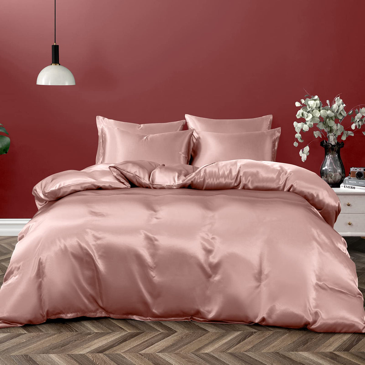 P Pothuiny 5 Pieces Blush Pink Satin Duvet Cover Full/Queen Size Set