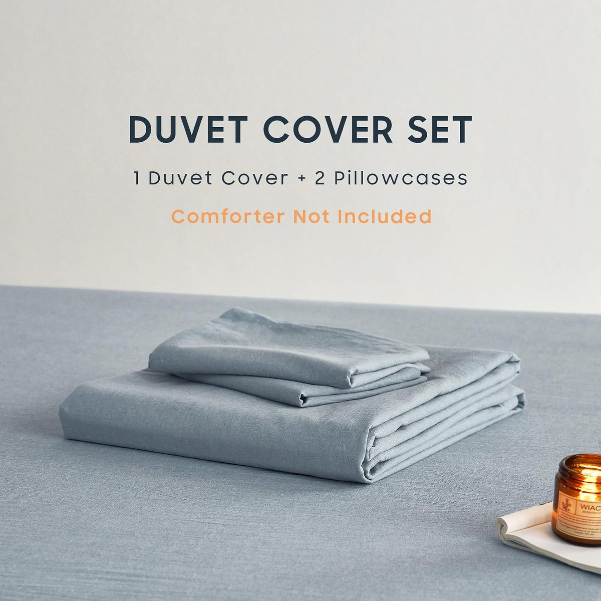 Wake In Cloud - Cotton Duvet Cover Set, 100% Washed Cotton, Linen Like Textured, Breathable Durable Comfy Farmhouse Neutral Bedding Set, 3 Pieces, Light Denim Blue, Twin/Twin XL Size