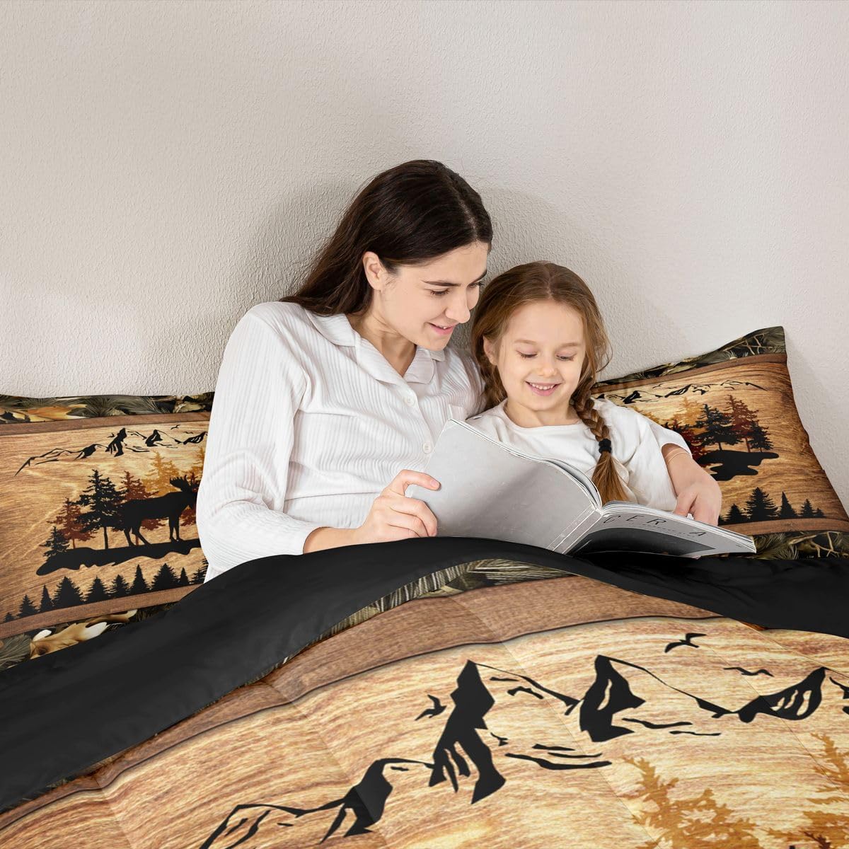 Homewish Jungle Cabin Comforter Set,Moose Animal Pine Trees Bedding Sets for Kids Teens Adults,Retro Wooden Stripes Rustic Farmhouse Quilted Comforter with 2 Pillowcases Queen Size 3 Pcs