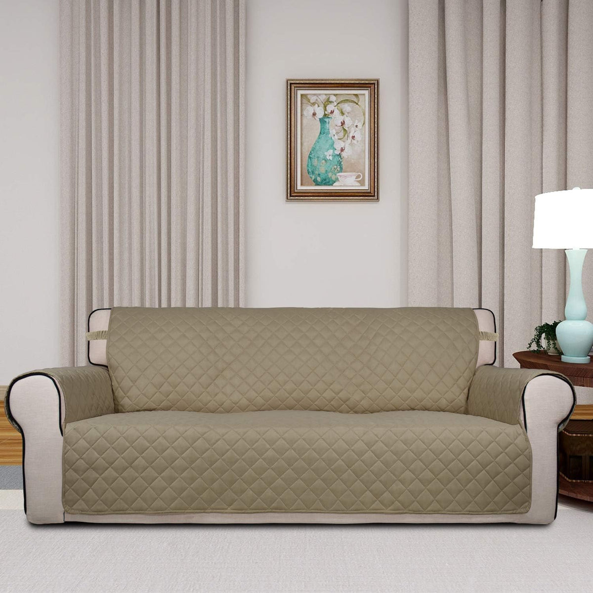PureFit Reversible Quilted Sofa Cover, Water Resistant Slipcover Furniture Protector, Washable Couch Cover with Non Slip and Elastic Straps for Kids, Dogs, Pets (Sofa, Beige/Beige)
