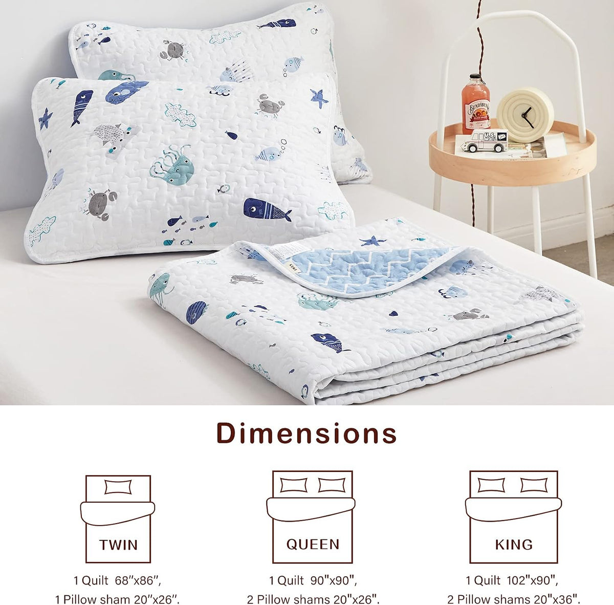 Joyreap 2-Piece Cotton Quilt Set Twin, Vibrant Ocean Theme Starfish Whale Crab Printed on White, Smooth Soft Quilt Bedspread Bed Cover for All Season, 1 Quilt and 1 Pillow Sham- 68x86 inches