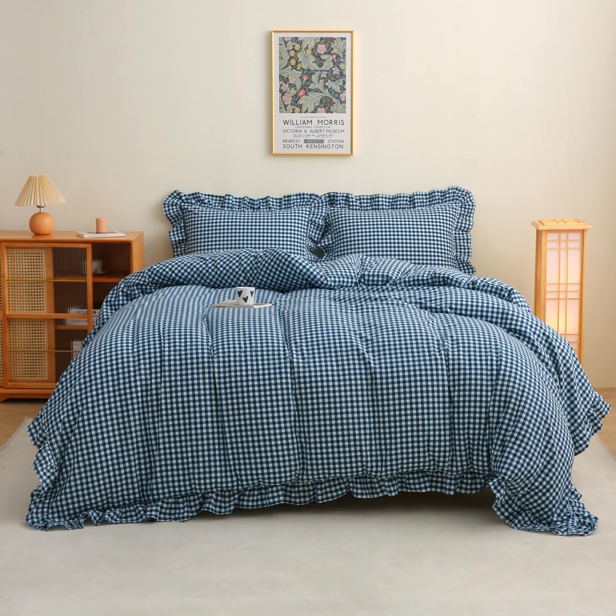 Silnuo Light Blue/White Gingham Plaid Ruffle Duvet Cover Set King Size