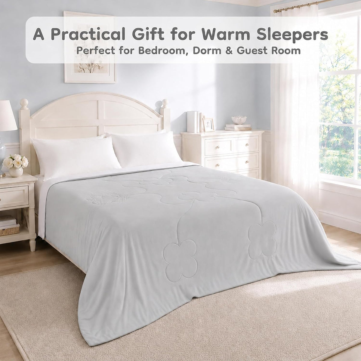 LaffyLo Cooling Blanket for Hot Sleepers, Lightweight Summer Quilt with Breathable Reversible Fabric for Bed, Couch, Dorm and Travel, Machine Washable, Twin Size 60"x80", White & Light Grey