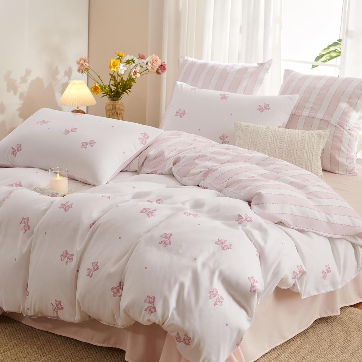 Bow Duvet Cover Twin Pink White Bow Striped Reversible Bedding Set