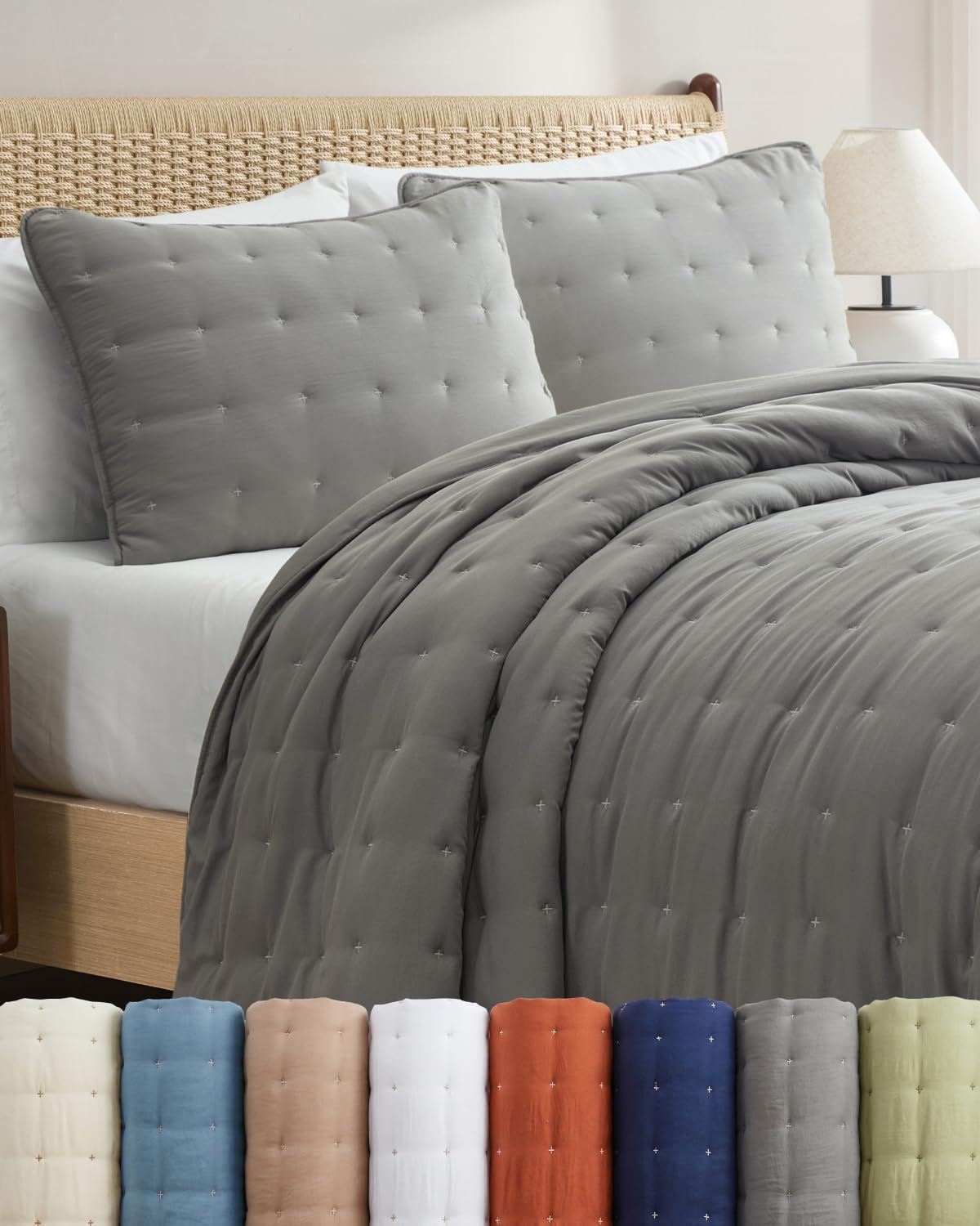 Quilt Set Queen Size - Lightweight Boho Bed Set - Dust Blue, 90" x 96"