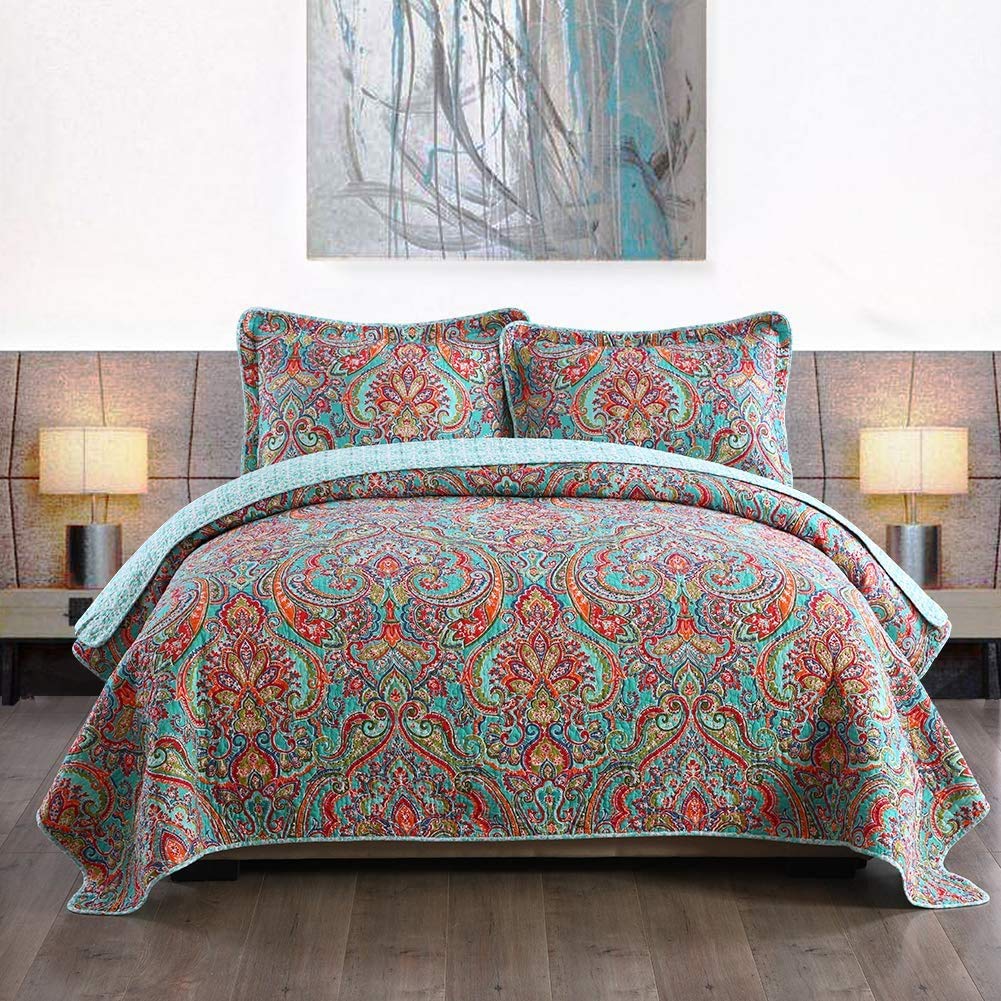 Travan 3-Piece Quilt Set Quilted Bedspread Lightweight Coverlet Set Garden Style Floral Printed Oversized Quilted Bedding Set with Shams for All Season, Exquisite, King Size