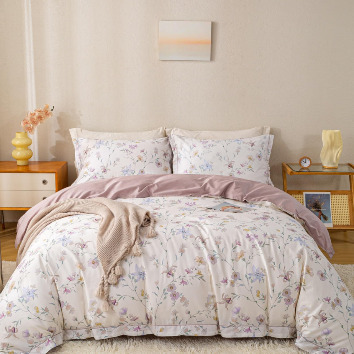 OAITE Queen Duvet Cover Set 3pcs 100% Cotton Wildflower Botanical