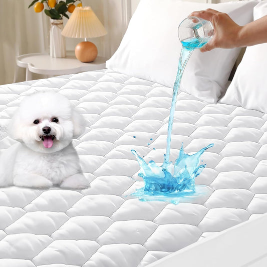 MUXHOMO Queen Mattress Protector, 100% Waterproof Quilted Mattress Cover Queen Size Bed, Noiseless Soft & Cooling Mattress Pad Cover, Deep Pocket 6"-21", White