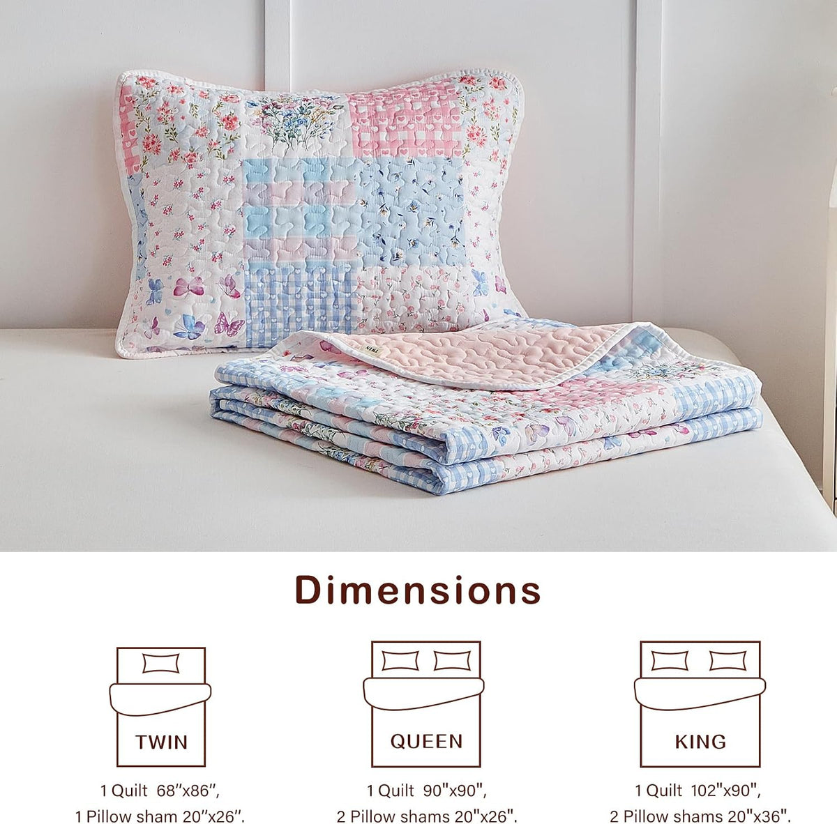 Joyreap Twin Size Quilt Set for Girls, Pink n Blue Floral Patchwork Design, 2 Pieces Soft n Cozy Microfiber Quilt, Bedspread Bed Cover for All Season- 68x88 inches
