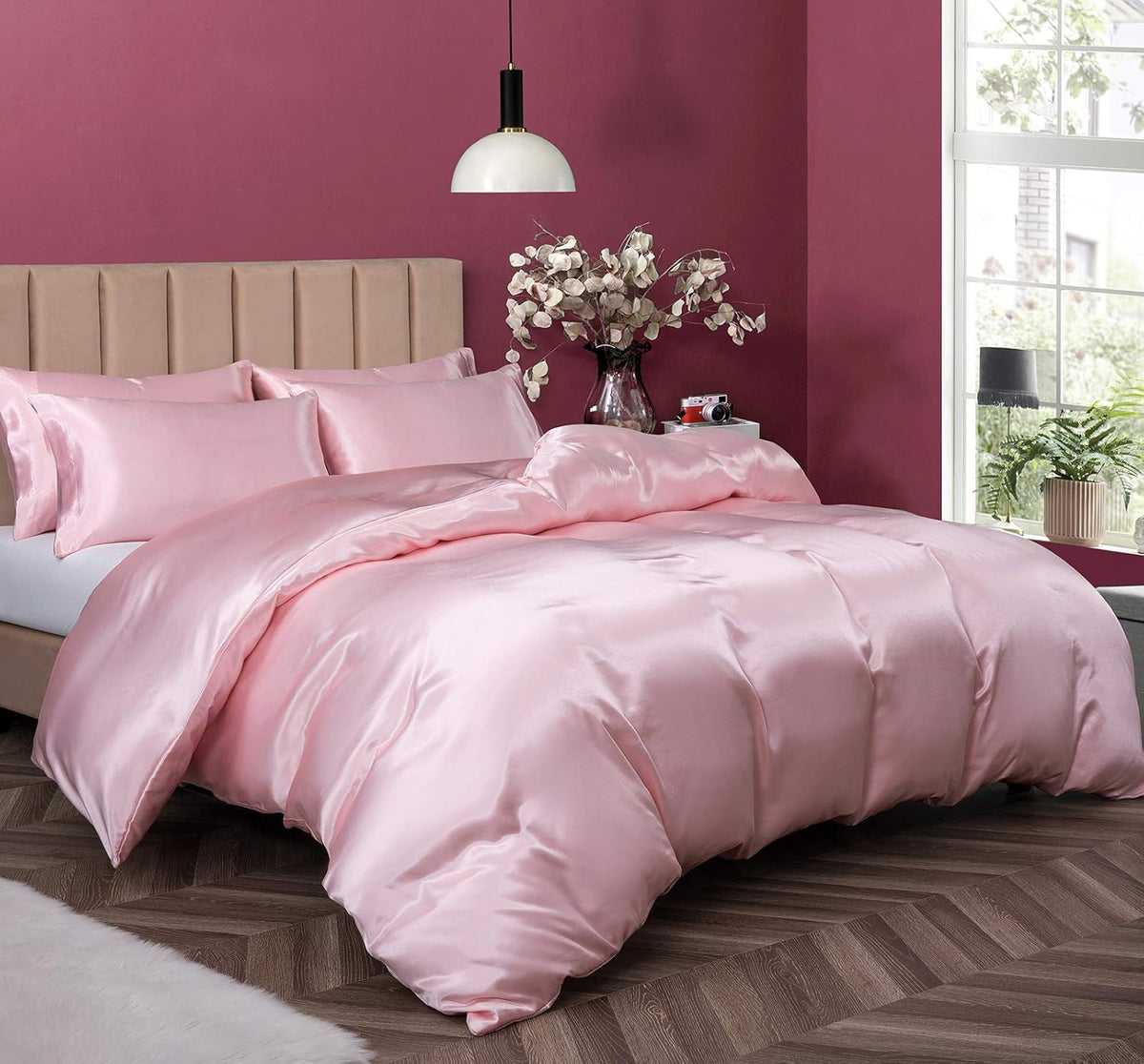 P Pothuiny 5 Pieces Blush Pink Satin Duvet Cover Full/Queen Size Set