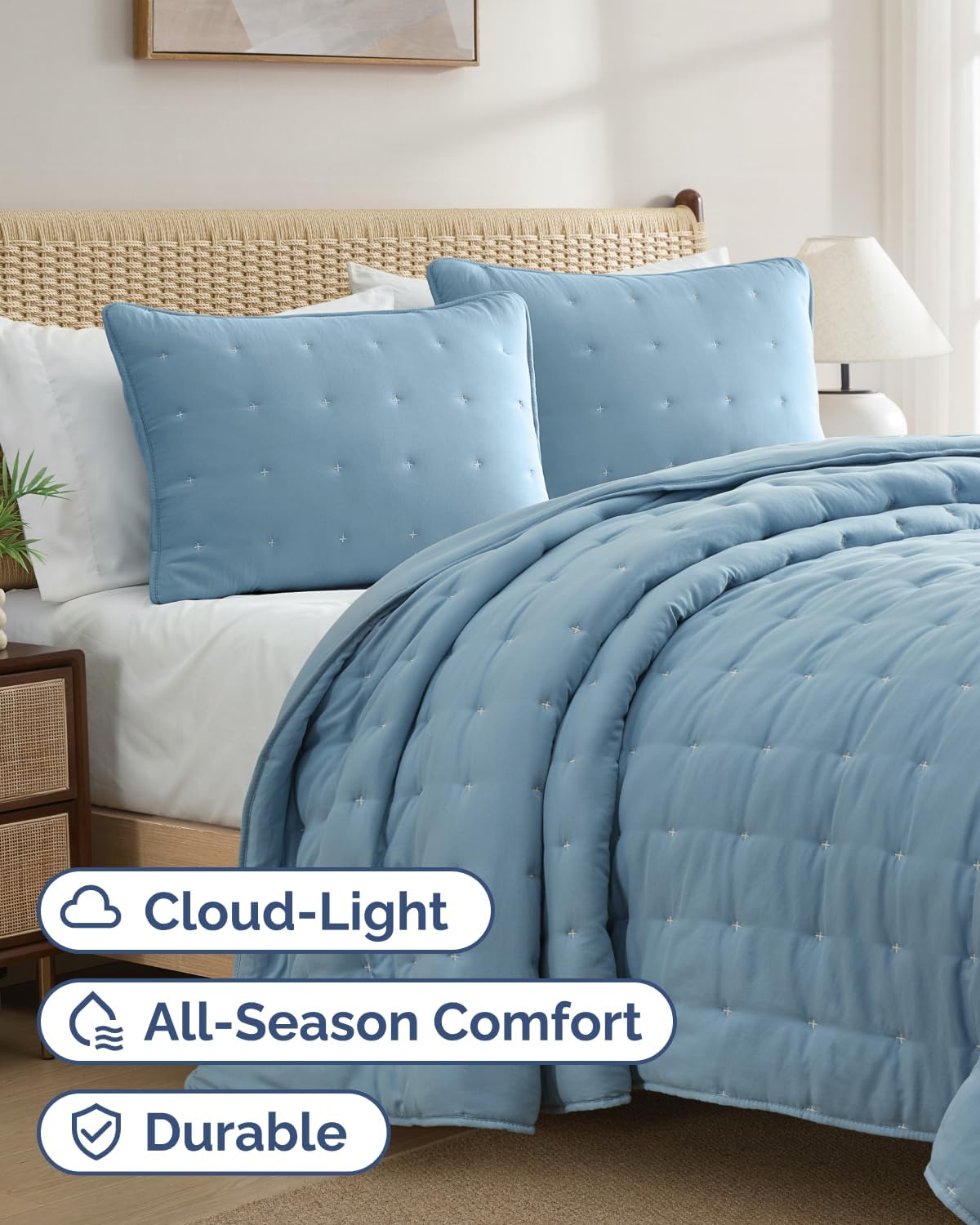 Quilt Set Queen Size - Lightweight Boho Bed Set - Dust Blue, 90" x 96"