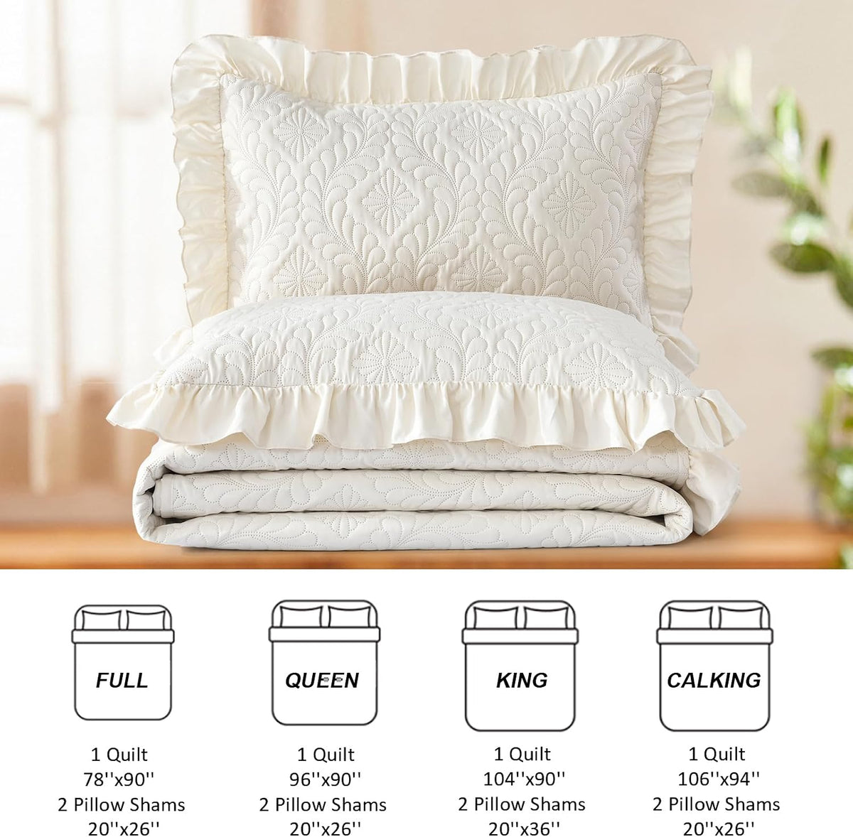 DJY Quilts Queen Size, Ruffled Reversible Bedding Set, Beige