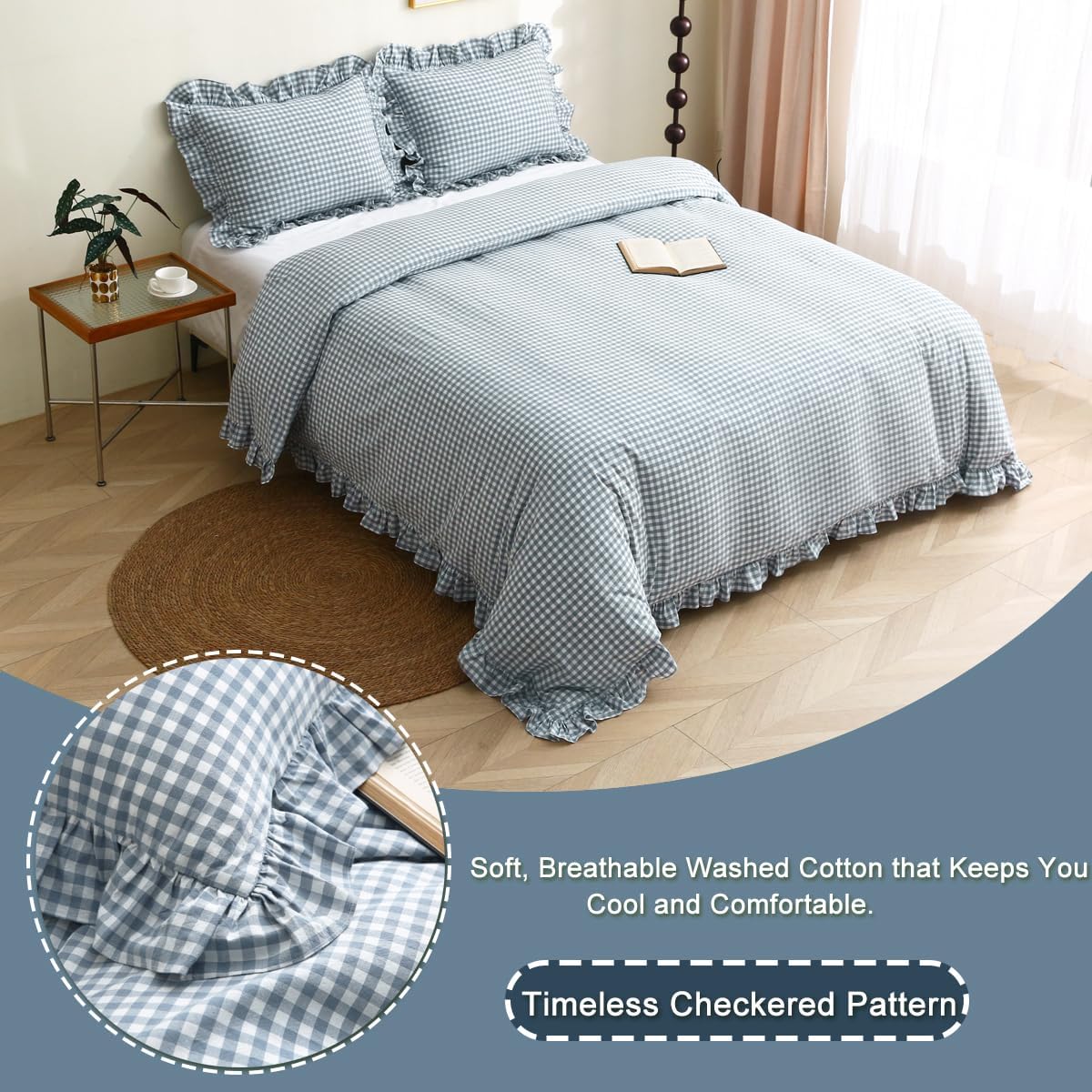 Silnuo Light Blue/White Gingham Plaid Ruffle Duvet Cover Set King Size