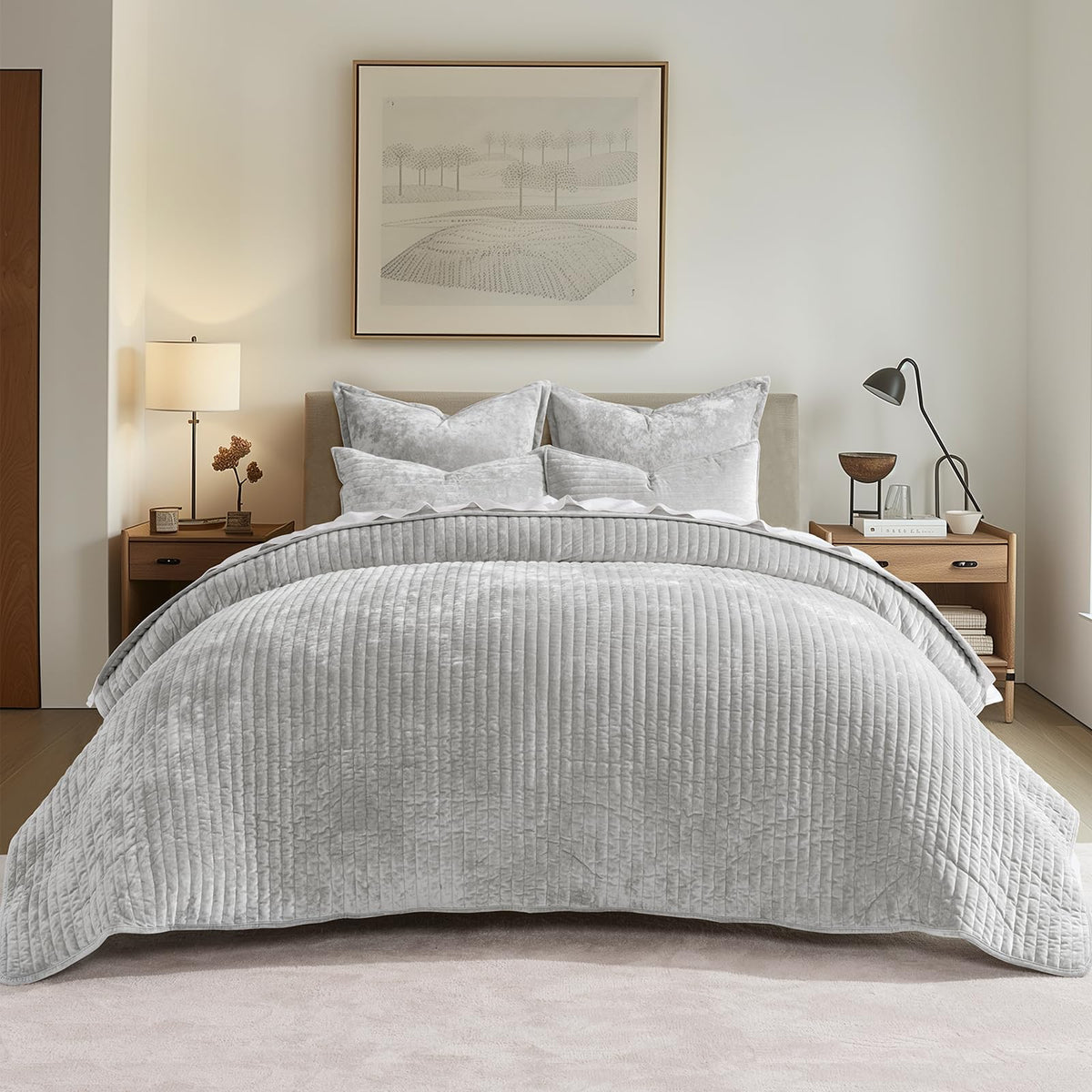 EverGrace Stripe Channel Luxury Velvet Quilt Set King Size, Mocha Brown