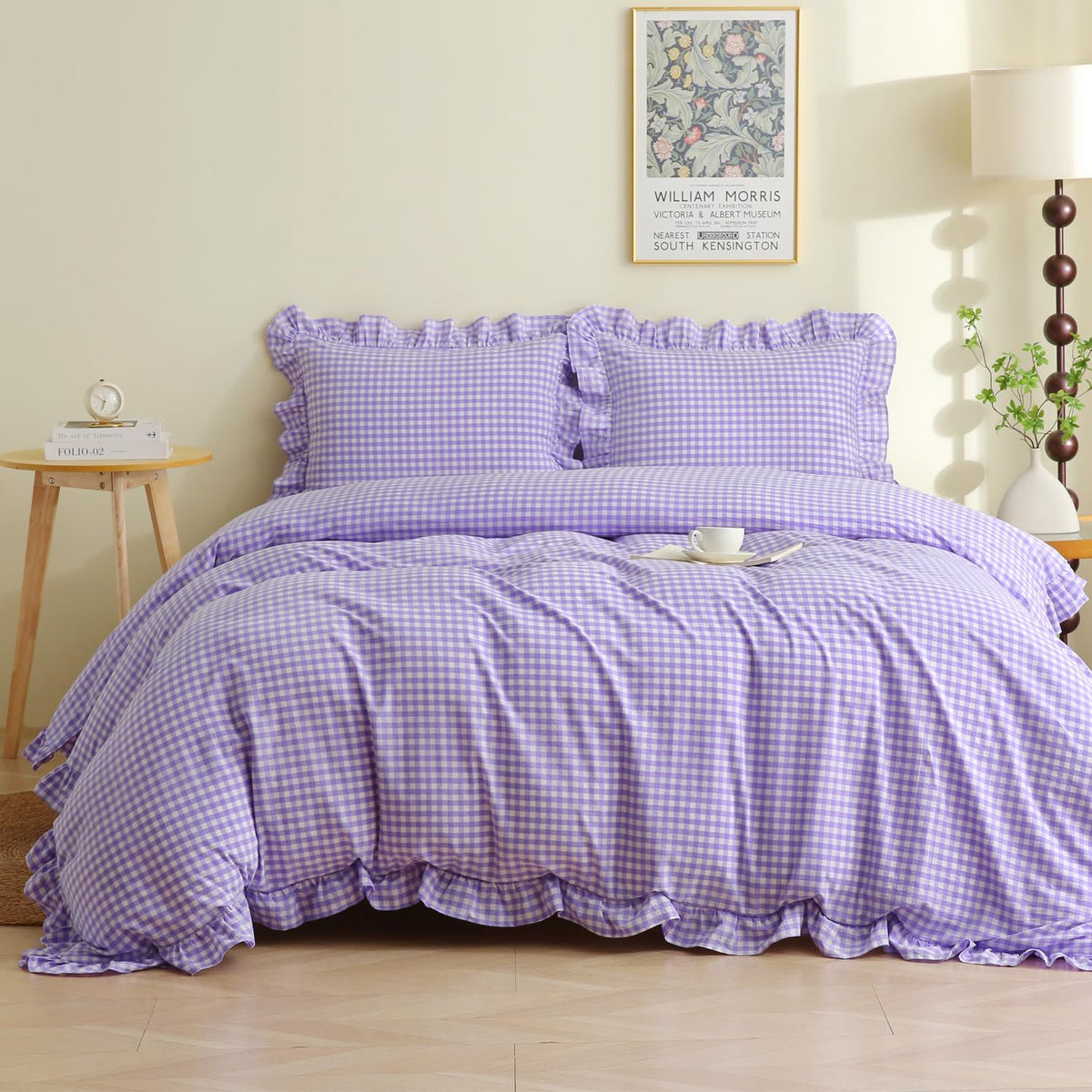Silnuo Light Blue/White Gingham Plaid Ruffle Duvet Cover Set King Size