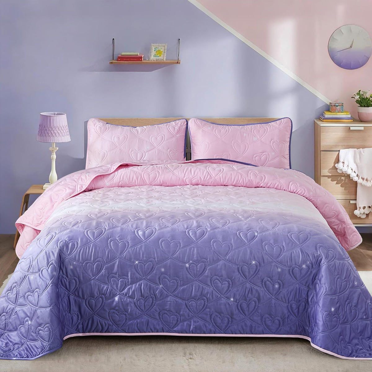 Xruibed Purple Quilt Set Twin Ombre Quilt Sets Reversible Bedding Set