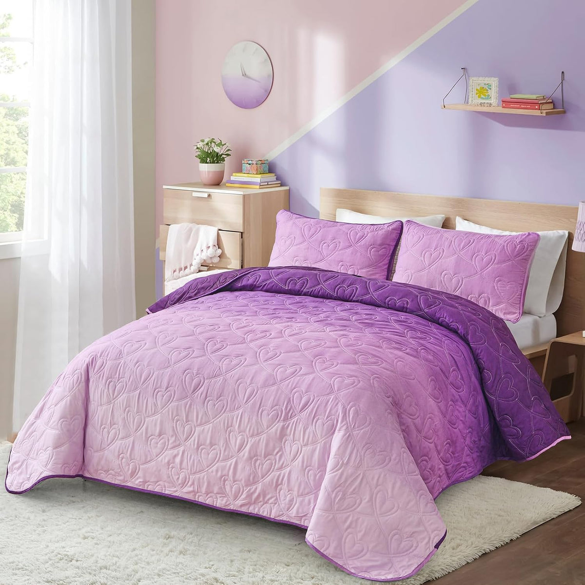 Xruibed Purple Quilt Set Twin Ombre Quilt Sets Reversible Bedding Set