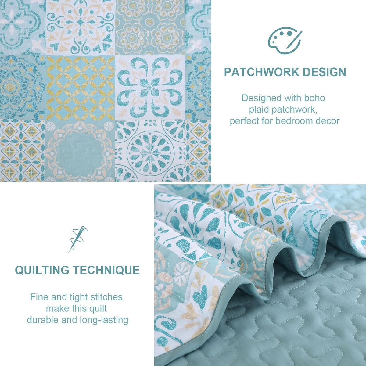 Dobuyly Queen Quilt Set Aqua Blue Patchwork Bedspread 3 Piece