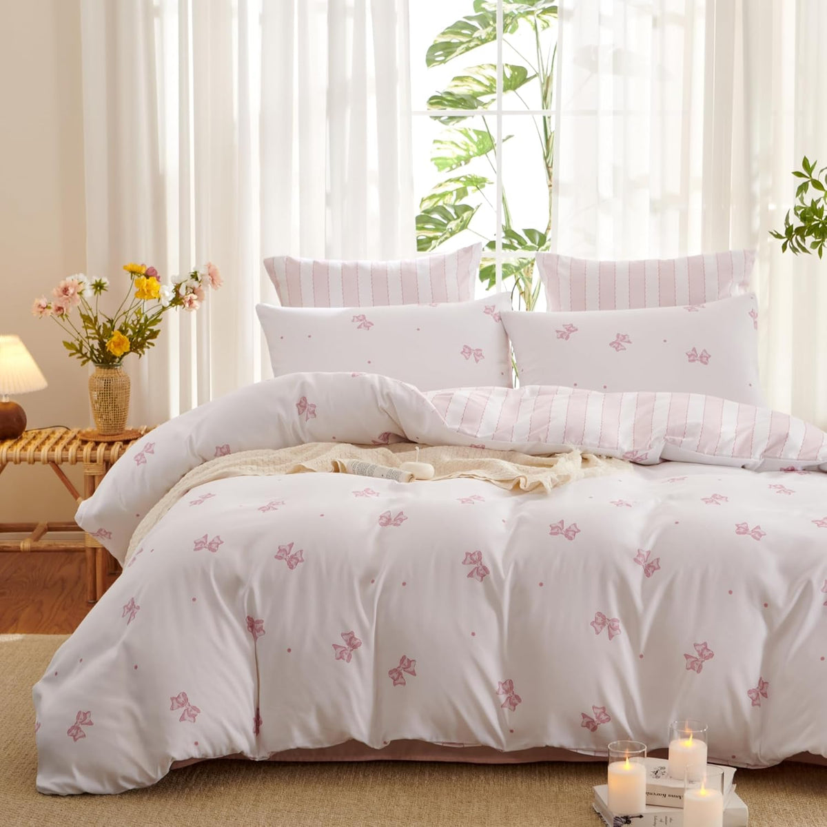 Bow Duvet Cover Twin Pink White Bow Striped Reversible Bedding Set