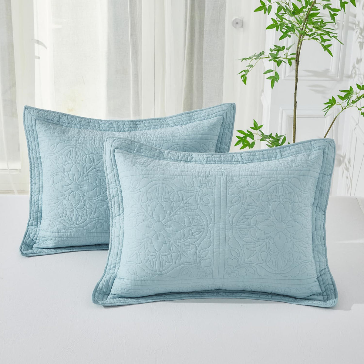 WINLIFE 100% Cotton Quilted Pillow Sham Floral Printed Pillow Cover Sage Green, Standard Size, 20 x 26 Inch