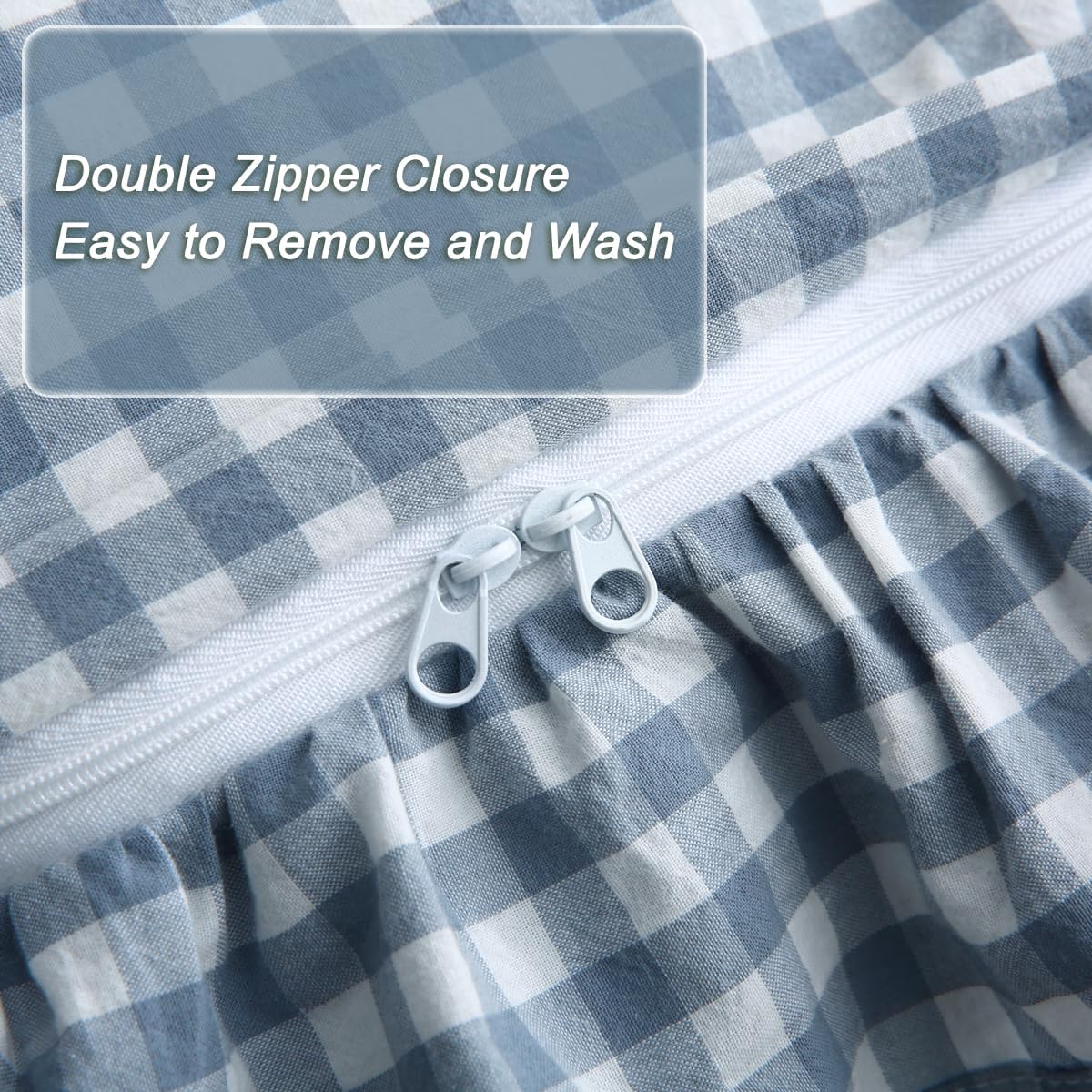 Silnuo Light Blue/White Gingham Plaid Ruffle Duvet Cover Set King Size