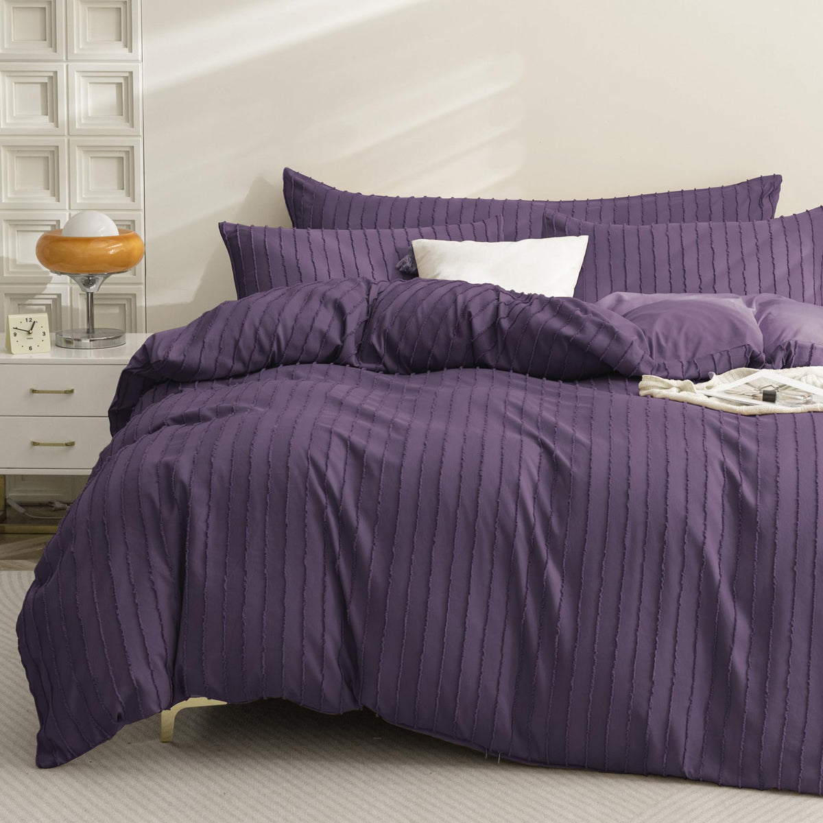 JELLYMONI White Striped Tufted Duvet Cover Set Queen Size