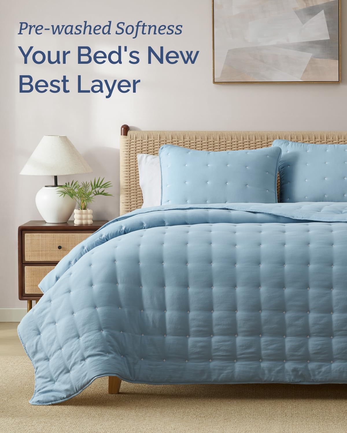 Quilt Set Queen Size - Lightweight Boho Bed Set - Dust Blue, 90" x 96"